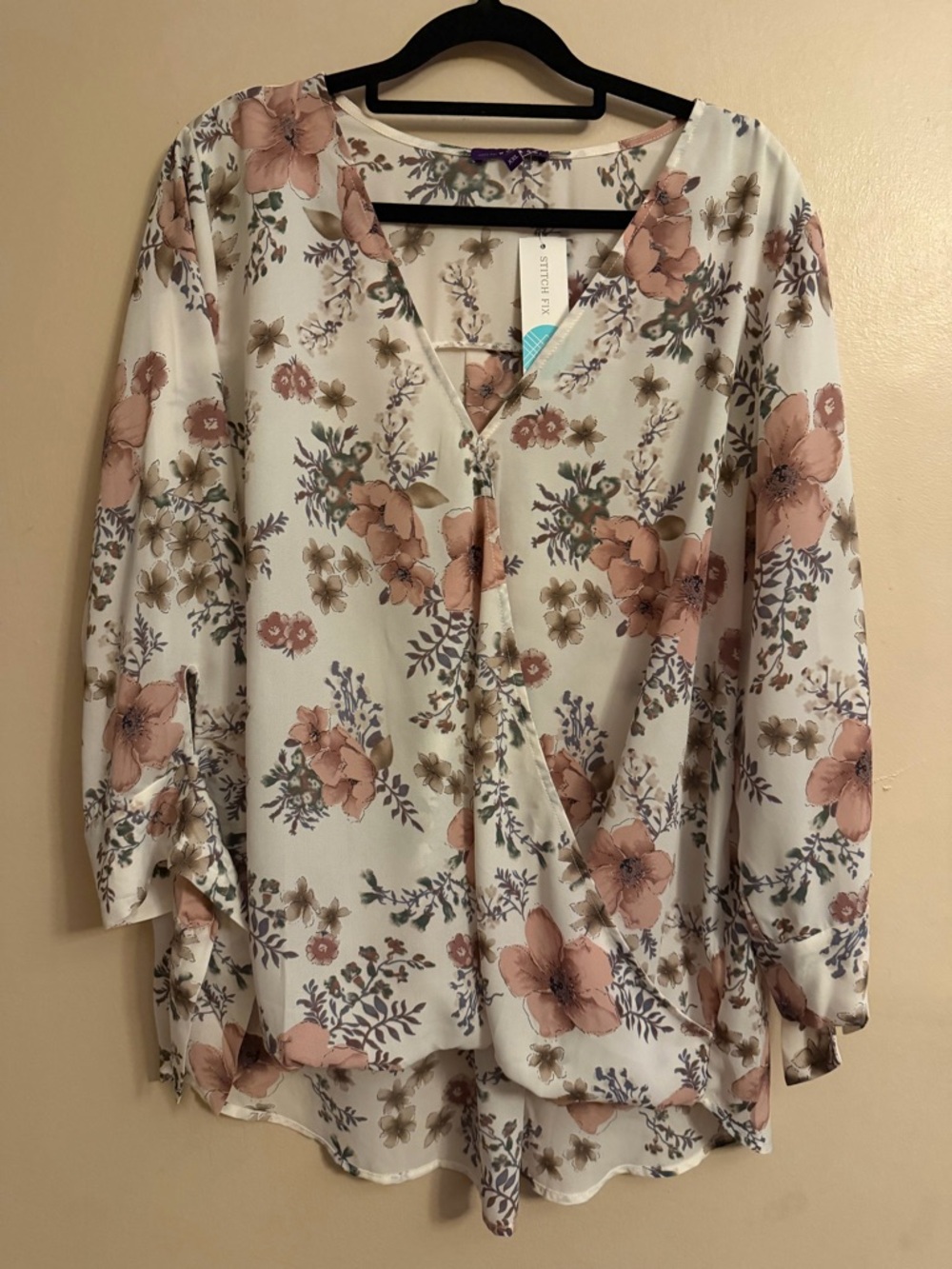 West Kei Cream Floral Surplice Blouse with Blush Flowers